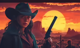the wild west girl holding a rifle with the sun rising