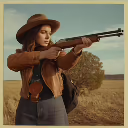 a woman holding a gun and wearing a brown leather jacket