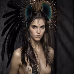 a beautiful woman wearing a feather headdress while posing for a photo