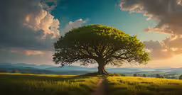 the trail leads to a large tree with mountain scenery in background,an artistic scene with a big tree on a grassy hill