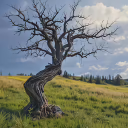 a bare tree in a grassy field on a sunny day