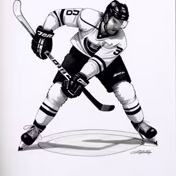 a black and white drawing of a player on a hockey rink,the professional hockey player is going to make a goal