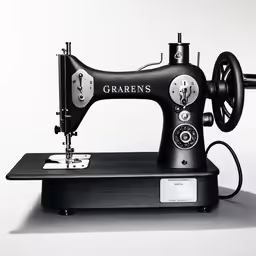 a vintage sewing machine on a table with a light behind it
