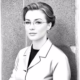black and white photograph of woman with glasses