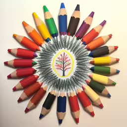 a circle of pencils arranged into a tree with the words tree of life drawn on them,colored pencils arranged around the same circular design