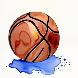 a basketball painted with markers on paper on blue blotch,a basketball sitting on top of a blue object,an artistic photo of a watercolor basketball on a white background,watercolor and pencil drawings of a basketball ball,a watercolor drawing of a basketball with blue stains