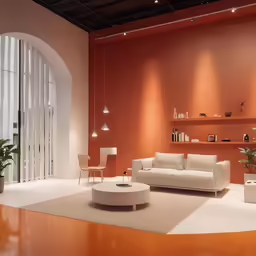 an orange room with red walls and large white couches