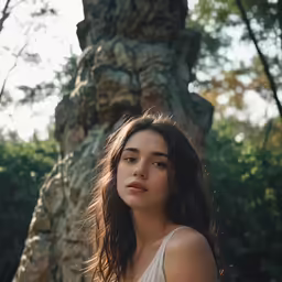 a beautiful woman in white dress standing by tree