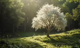 a white flowered tree stands alone in the sun