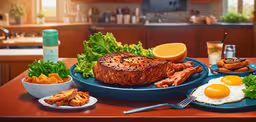 a blue plate topped with meat and fried eggs,steak, egg and vegetables are on a blue plate