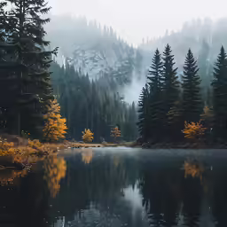 a mountain lake that is next to the woods