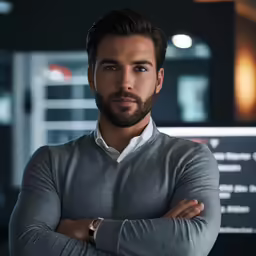 a young man with a goatee standing with his arms folded