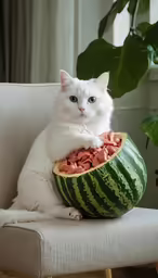 a cat sitting on a chair with a bowl in it