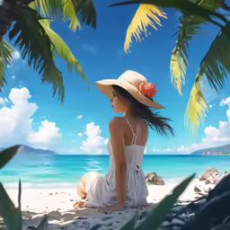 a woman in a straw hat is looking out at the ocean