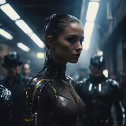 a woman in a futuristic suit is standing among other men
