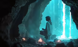 a man standing in the middle of a cave