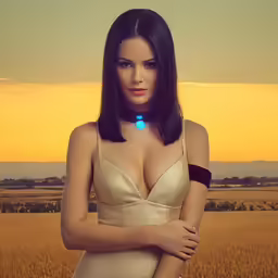 a woman in a gold dress with her arm around her chest