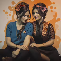 two women in dresses pose for a picture