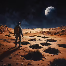 a man wearing a backpack walking on top of a desert