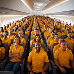 a bunch of people are on airplanes in yellow shirts