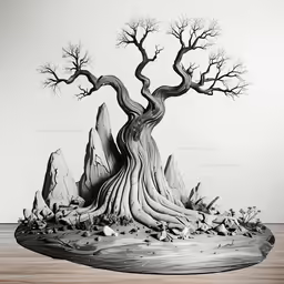 an intricate drawing of two trees on a rock island