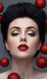 a beautiful woman with makeup and christmas balls on her head