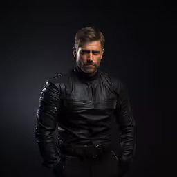a man in black leather looking down with his hands on his hips,the man is dressed in leather gear