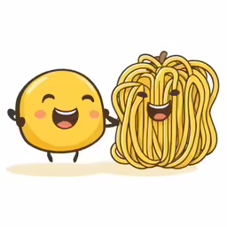 spaghetti, smiling and waving with the hands behind it