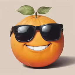 an orange with sunglasses on it has a green leaf on top