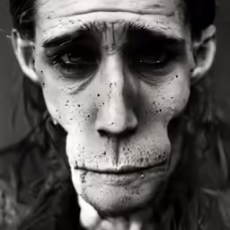 a black and white photo of a guy with facial makeup