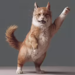 a cat is standing on its hind legs while it holds its paws up in the air