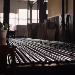 small plants on a long table in an industrial building