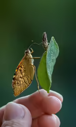 a close up of a person holding a butterfly