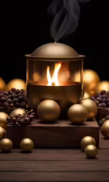 a candle sits on top of some shiny glass balls