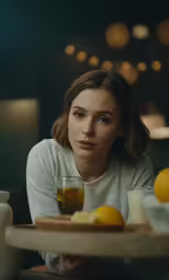 a woman in white shirt next to a plate of oranges