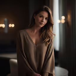 woman in tan ponched standing in dark room