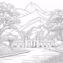 a beautiful landscape with a gate to a large house,a drawing of the house in the mountains