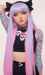 a doll with pink and black hair and a skull - like top