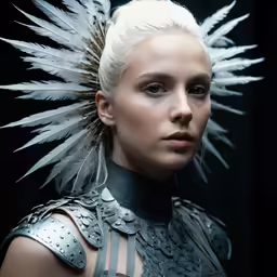 the woman has white hair with silver feathers on her head