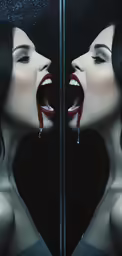 a woman with open mouth and dripping red liquid on her face