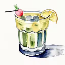 a painting of a drink with garnishes,a very nice cocktail with cherries and a garnish in it