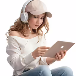 a young woman with headphones sitting on the floor, using a tablet