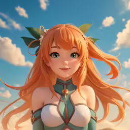 a young lady with long red hair and blue eyes