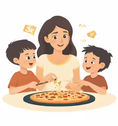 a woman with two boys and a large pizza
