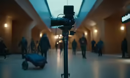 people are walking through a subway station while the light is on