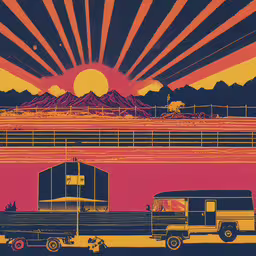 an old black van drives next to a truck,an illustration of a truck with mountains in the background