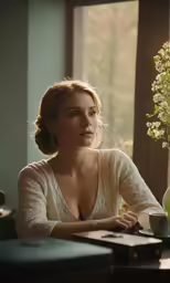 a woman looking out the window while drinking coffee