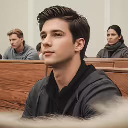 three men are sitting in courtroom while others are behind them