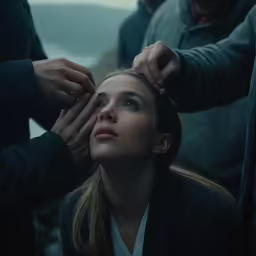 people standing around a woman getting her hair combed