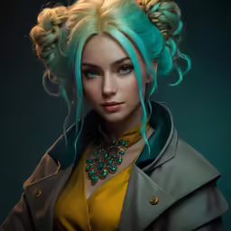 a beautiful blonde with blue hair standing in front of a dark background